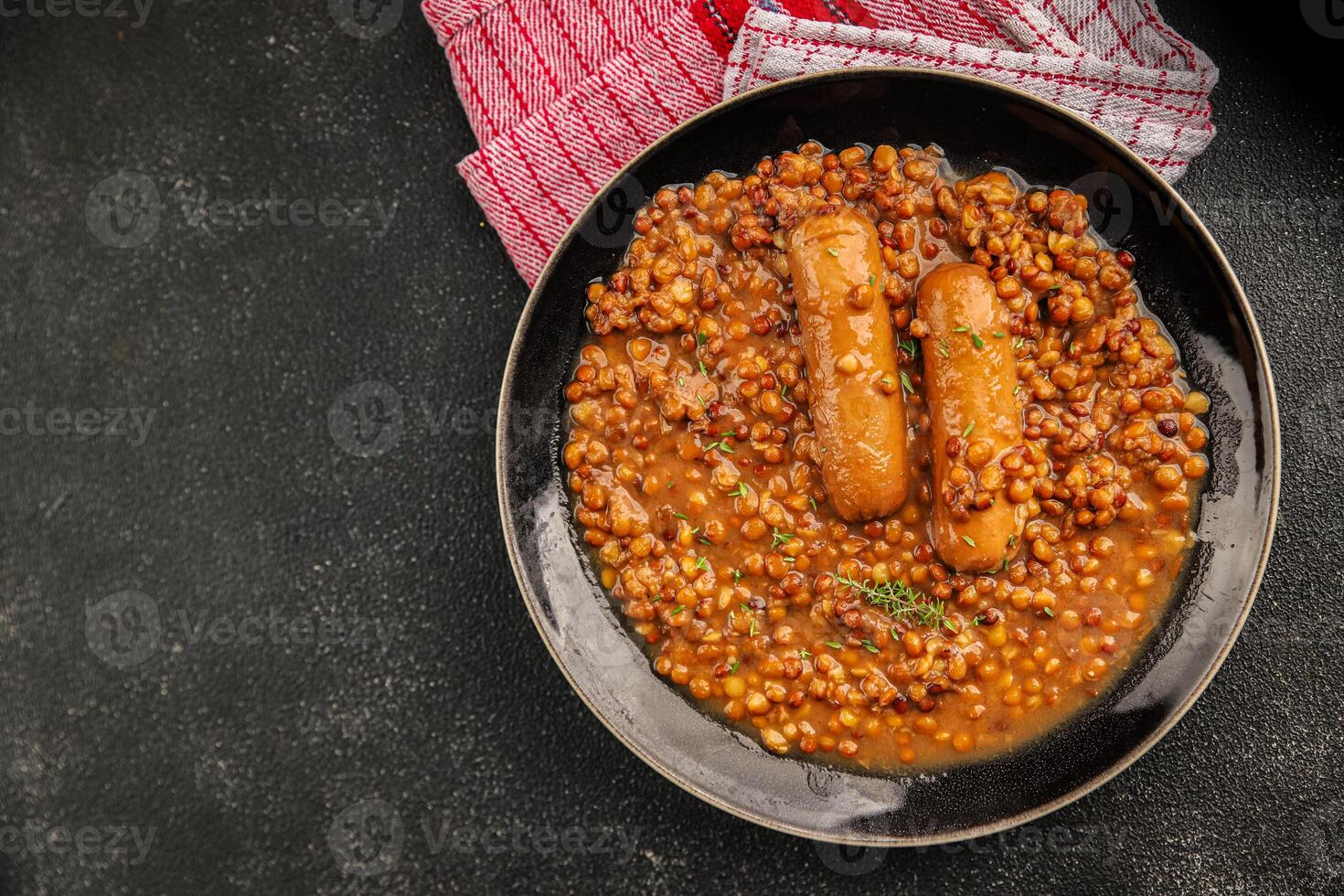 Lentil with sausage tasty food dish second course fresh gourmet food background on the table rustic food top view copy space top view photo