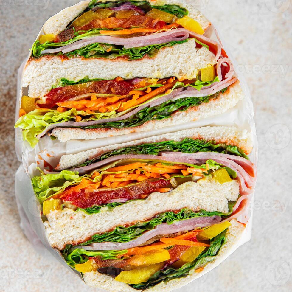 sandwich layers vegetables and ham meat spam fresh meal food snack on the table copy space food background rustic top view photo