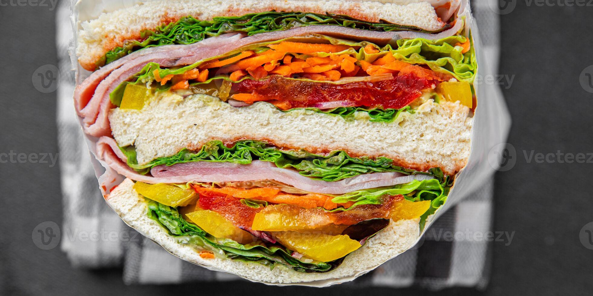 sandwich layers vegetables and ham meat spam fresh meal food snack on the table copy space food background rustic top view photo