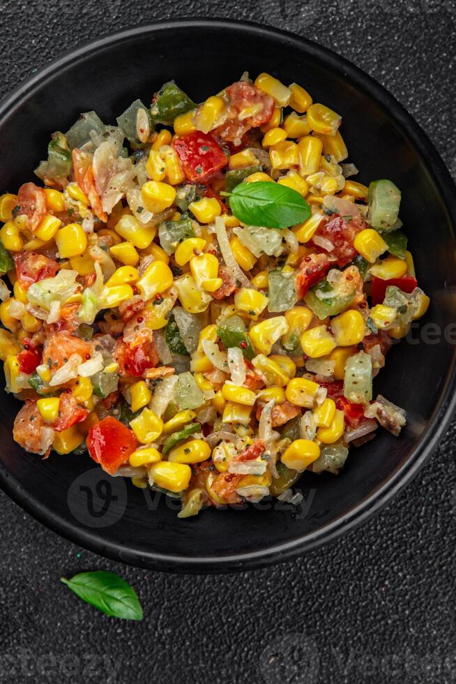 corn salad tasty food dish second course Fresh delicious gourmet food background on the table rustic food top view copy space top view keto and paleo diet Vegetarian and vegan food photo