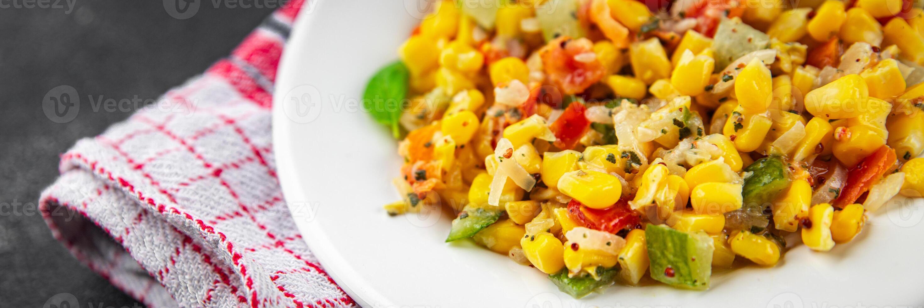 corn salad tasty food dish second course Fresh delicious gourmet food background on the table rustic food top view copy space top view keto and paleo diet Vegetarian and vegan food photo