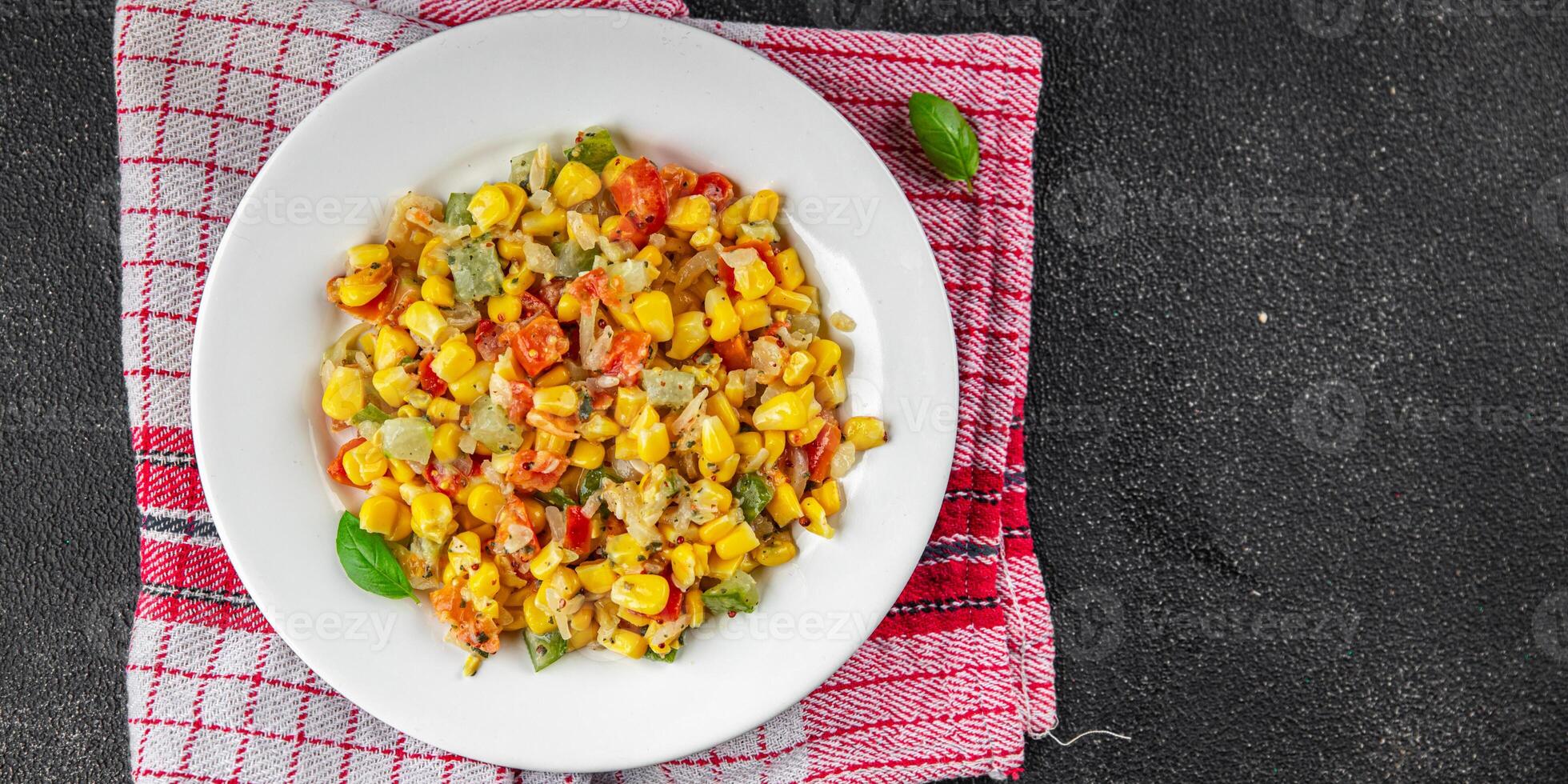 corn salad tasty food dish second course Fresh delicious gourmet food background on the table rustic food top view copy space top view keto and paleo diet Vegetarian and vegan food photo