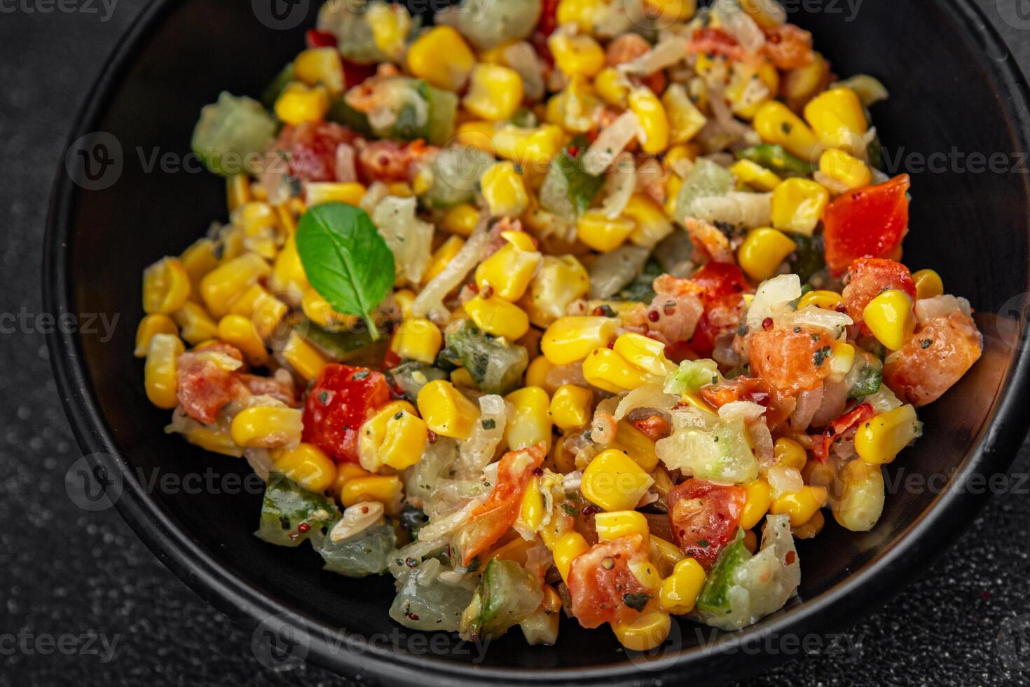 corn salad tasty food dish second course Fresh delicious gourmet food background on the table rustic food top view copy space top view keto and paleo diet Vegetarian and vegan food photo