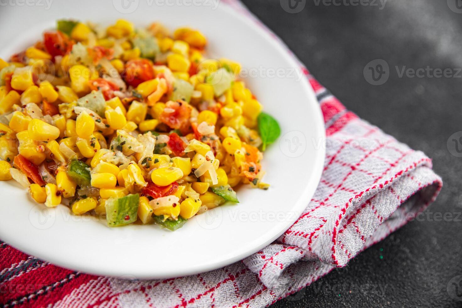 corn salad tasty food dish second course Fresh delicious gourmet food background on the table rustic food top view copy space top view keto and paleo diet Vegetarian and vegan food photo