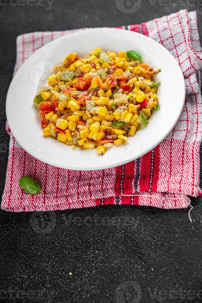 corn salad tasty food dish second course Fresh delicious gourmet food background on the table rustic food top view copy space top view keto and paleo diet Vegetarian and vegan food photo