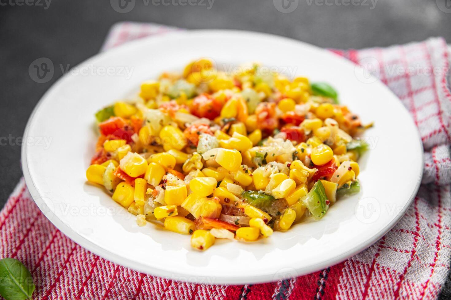 corn salad tasty food dish second course Fresh delicious gourmet food background on the table rustic food top view copy space top view keto and paleo diet Vegetarian and vegan food photo