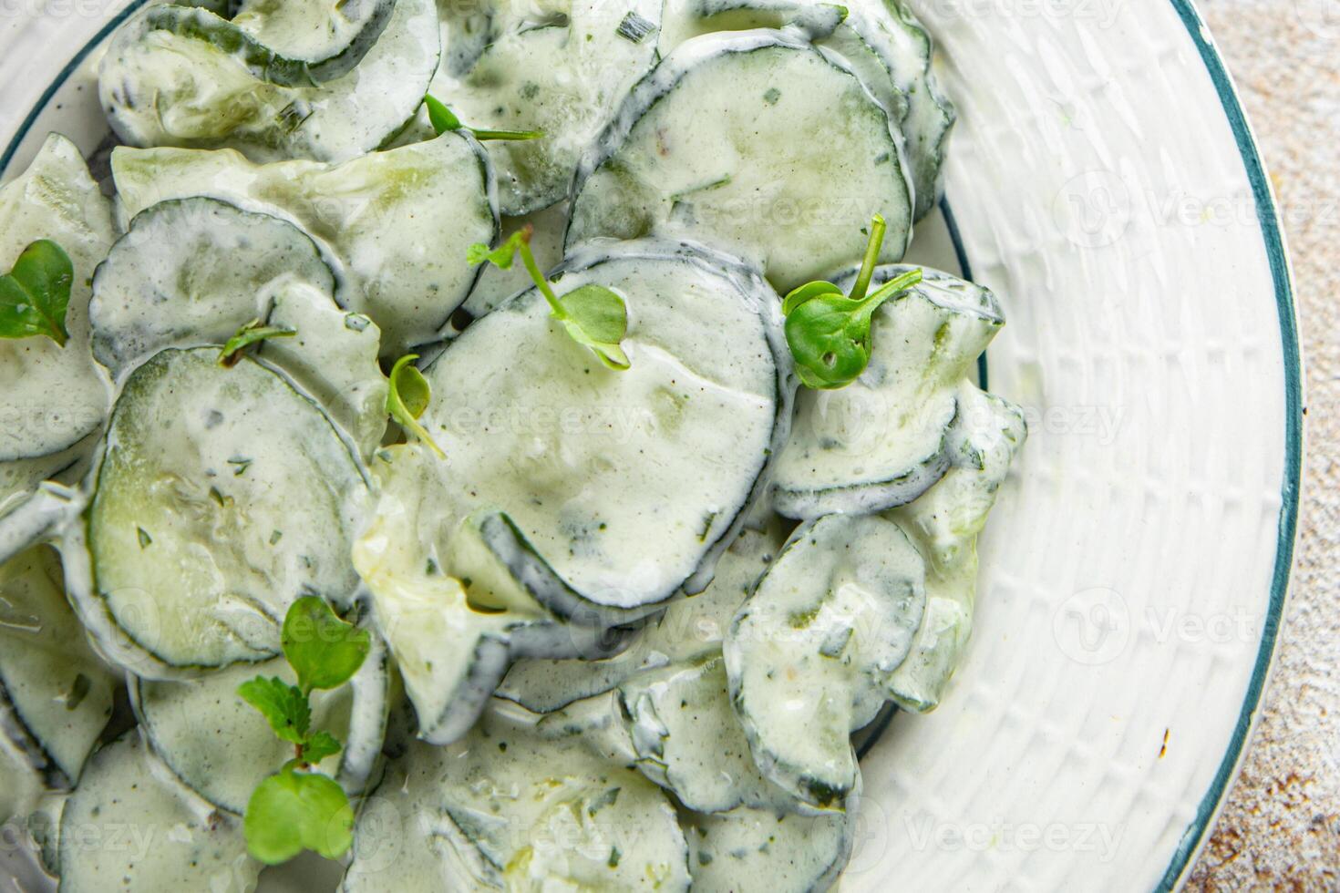 cucumber salad fresh cream tasty food dish fresh delicious gourmet background on the table rustic food top view copy space top view keto and paleo diet Vegetarian and vegan food photo