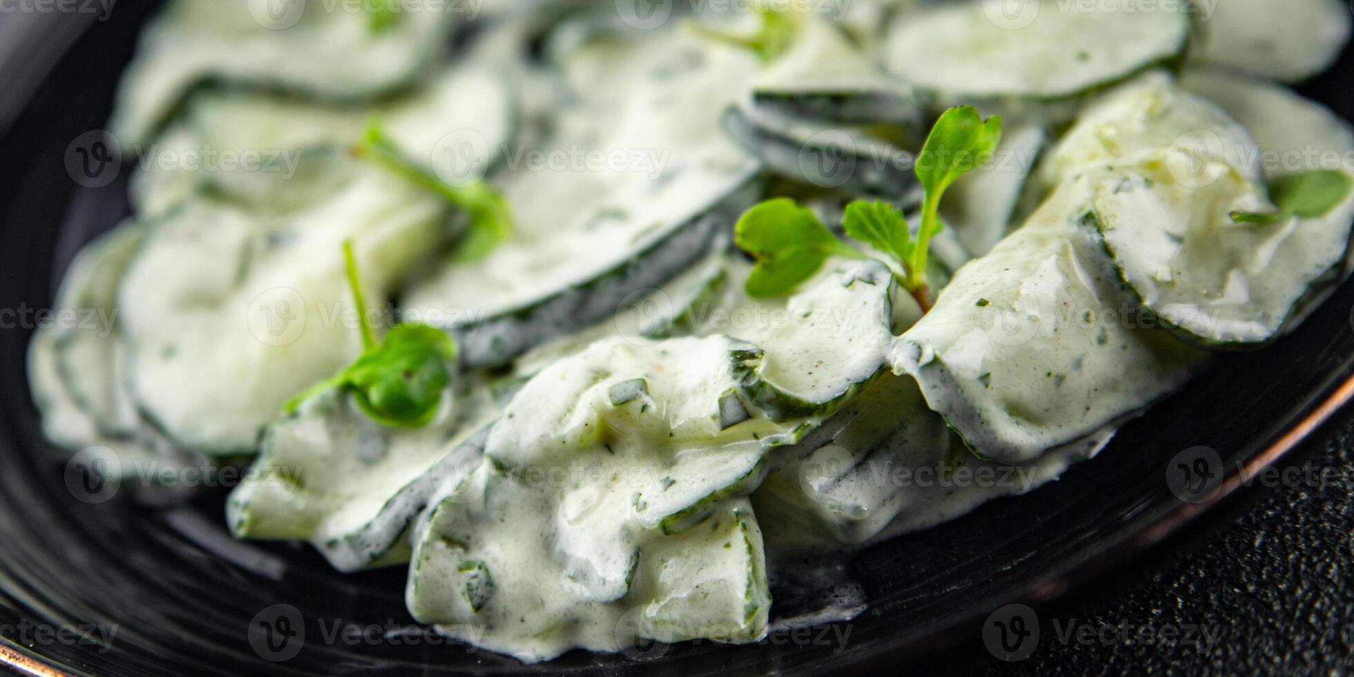 cucumber salad fresh cream tasty food dish fresh delicious gourmet background on the table rustic food top view copy space top view keto and paleo diet Vegetarian and vegan food photo