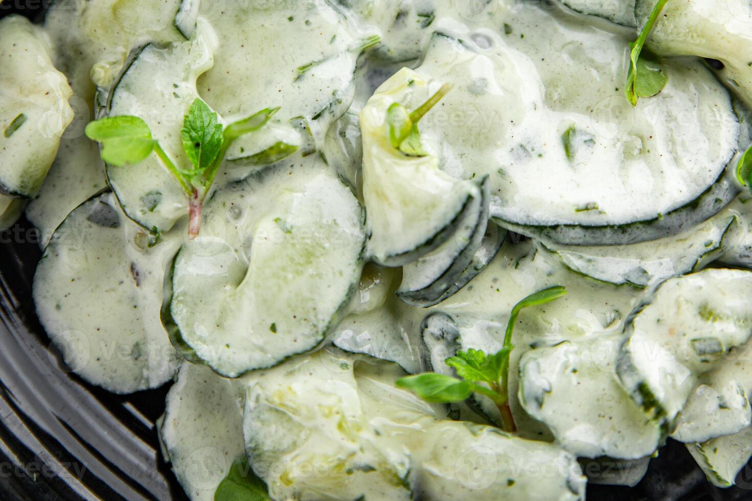 cucumber salad fresh cream tasty food dish fresh delicious gourmet background on the table rustic food top view copy space top view keto and paleo diet Vegetarian and vegan food photo