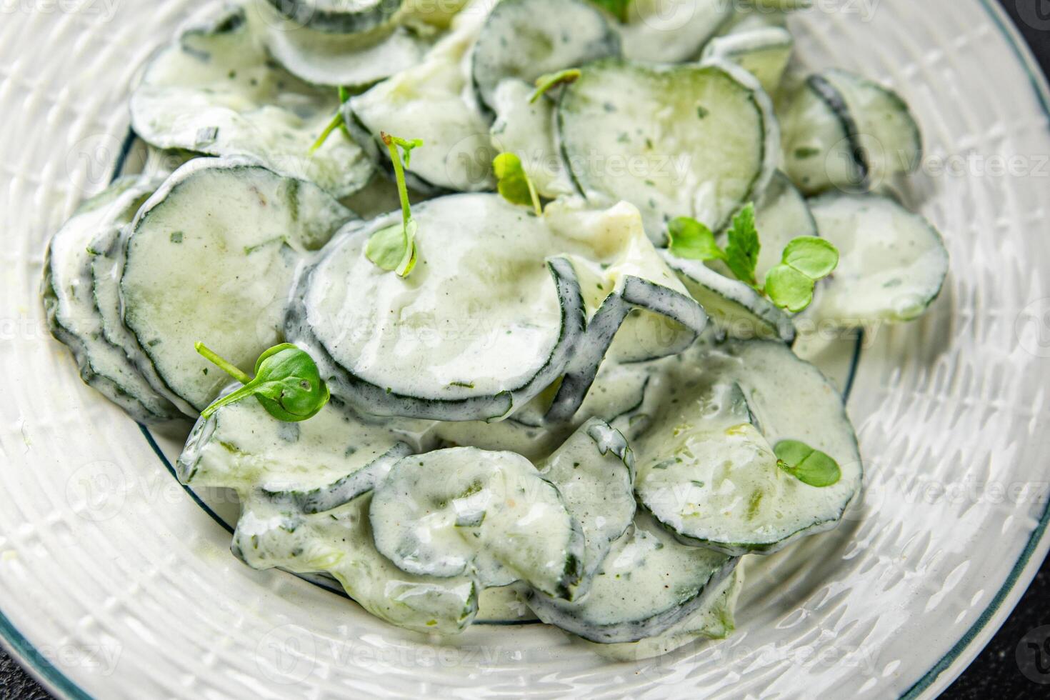 cucumber salad fresh cream tasty food dish fresh delicious gourmet background on the table rustic food top view copy space top view keto and paleo diet Vegetarian and vegan food photo