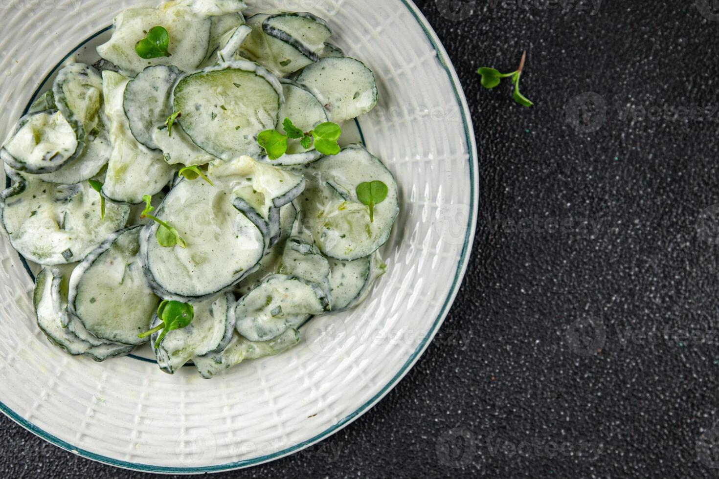 cucumber salad fresh cream tasty food dish fresh delicious gourmet background on the table rustic food top view copy space top view keto and paleo diet Vegetarian and vegan food photo