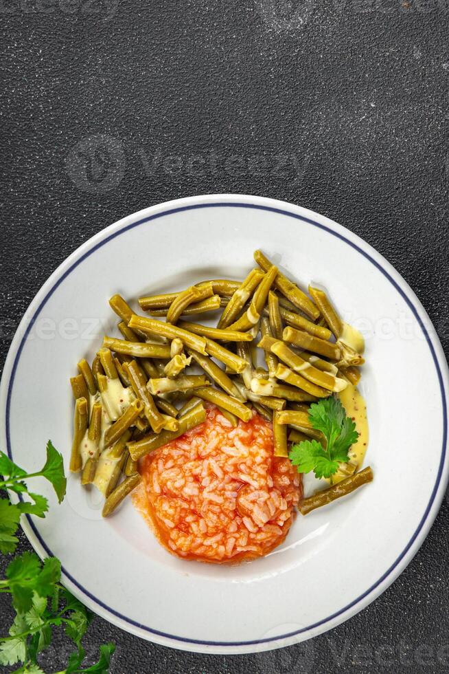 Green beans food ready to eat tasty food dish fresh delicious gourmet food background on the table rustic top view copy space top view keto and paleo diet photo