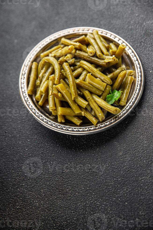 Green beans food ready to eat tasty food dish fresh delicious gourmet food background on the table rustic top view copy space top view keto and paleo diet photo