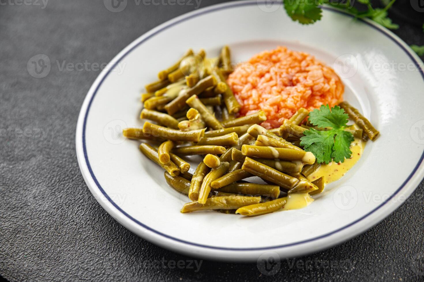 Green beans food ready to eat tasty food dish fresh delicious gourmet food background on the table rustic top view copy space top view keto and paleo diet photo