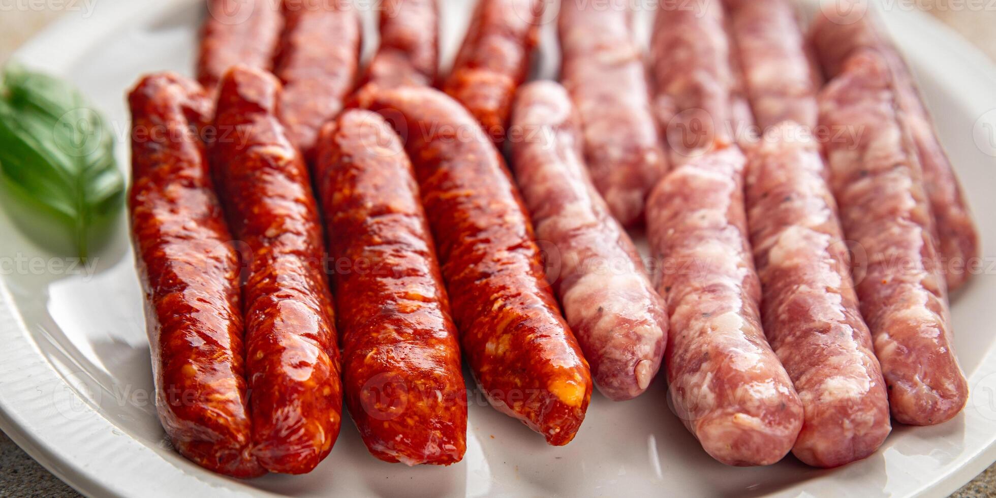 raw sausages beef, pork, chicken, lamb, dish fresh delicious gourmet food background on the table rustic food top view copy space photo