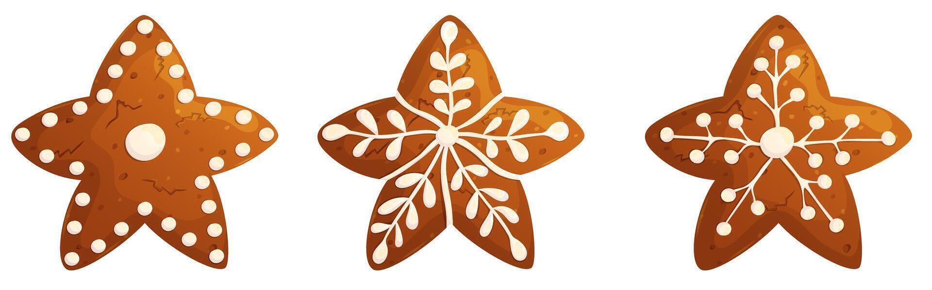 Xmas star gingerbread cookie isolated on white. Holidays homemade pastry with glaze. vector
