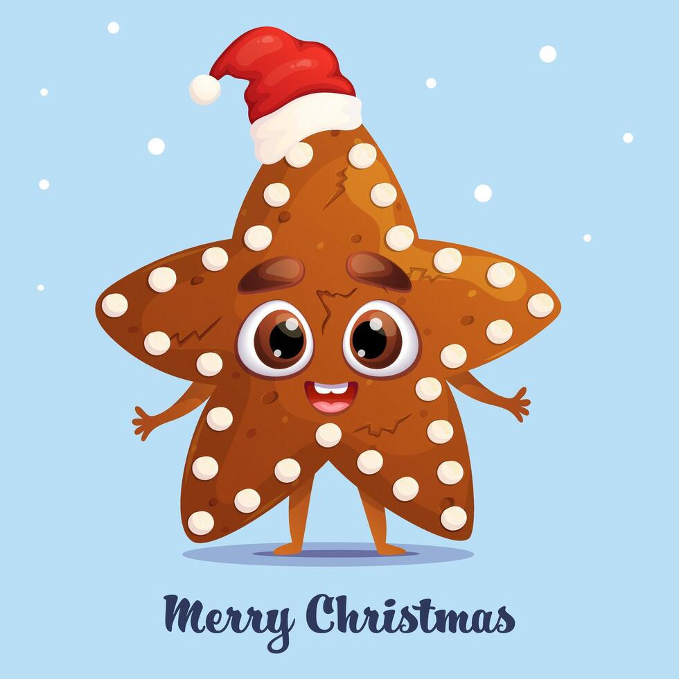 Happy holidays greeting card with christmas gingerbread cookies cute character in Santa Claus hat. vector