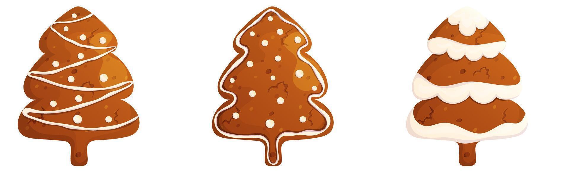 Gingerbread in the shape of a Christmas tree isolated. Happy holidays sweet cookies set. vector