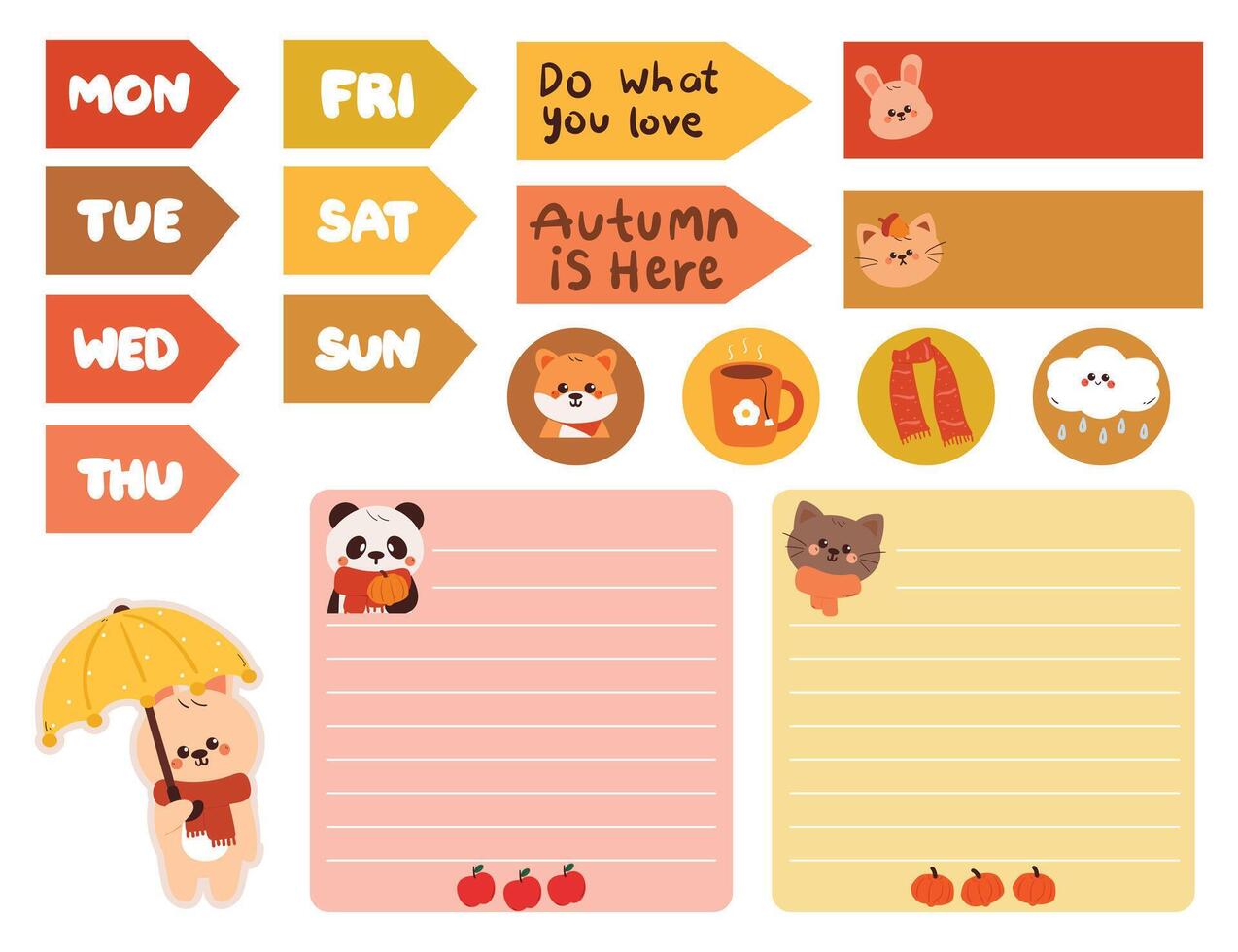 collection set of autumn planner and journal sticker for diary, planner, journal and notes vector