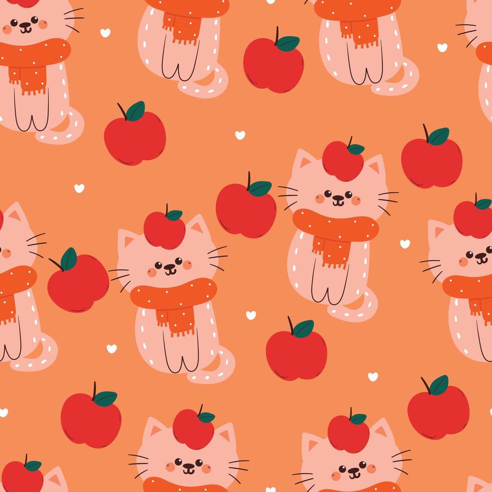seamless pattern cartoon cat with apple and autumn vibes. cute animal wallpaper for fabric print, gift wrap paper vector