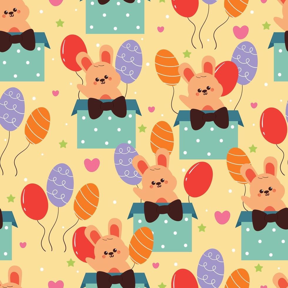 seamless pattern cartoon bunny inside a box with full of balloon. cute animal wallpaper for fabric print, gift wrap paper vector