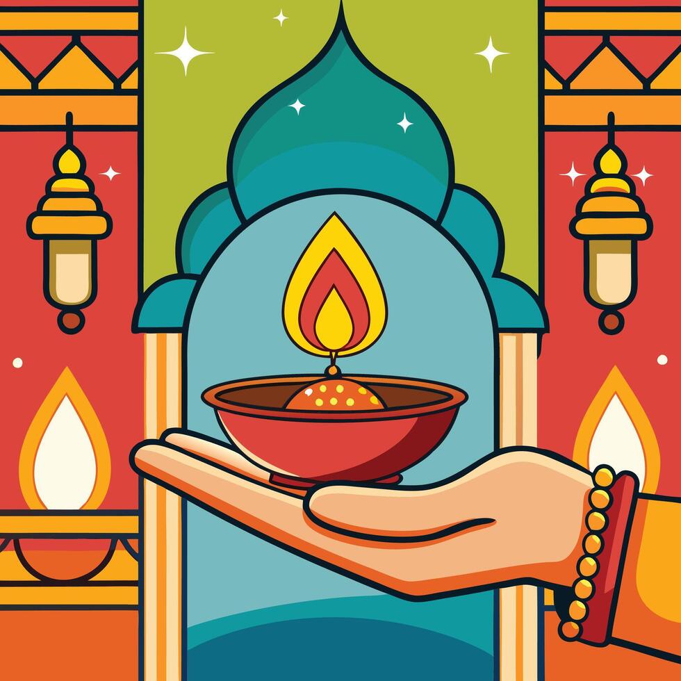 Diwali poster with flat style illustration of a hand holding a lit diya lamp vector