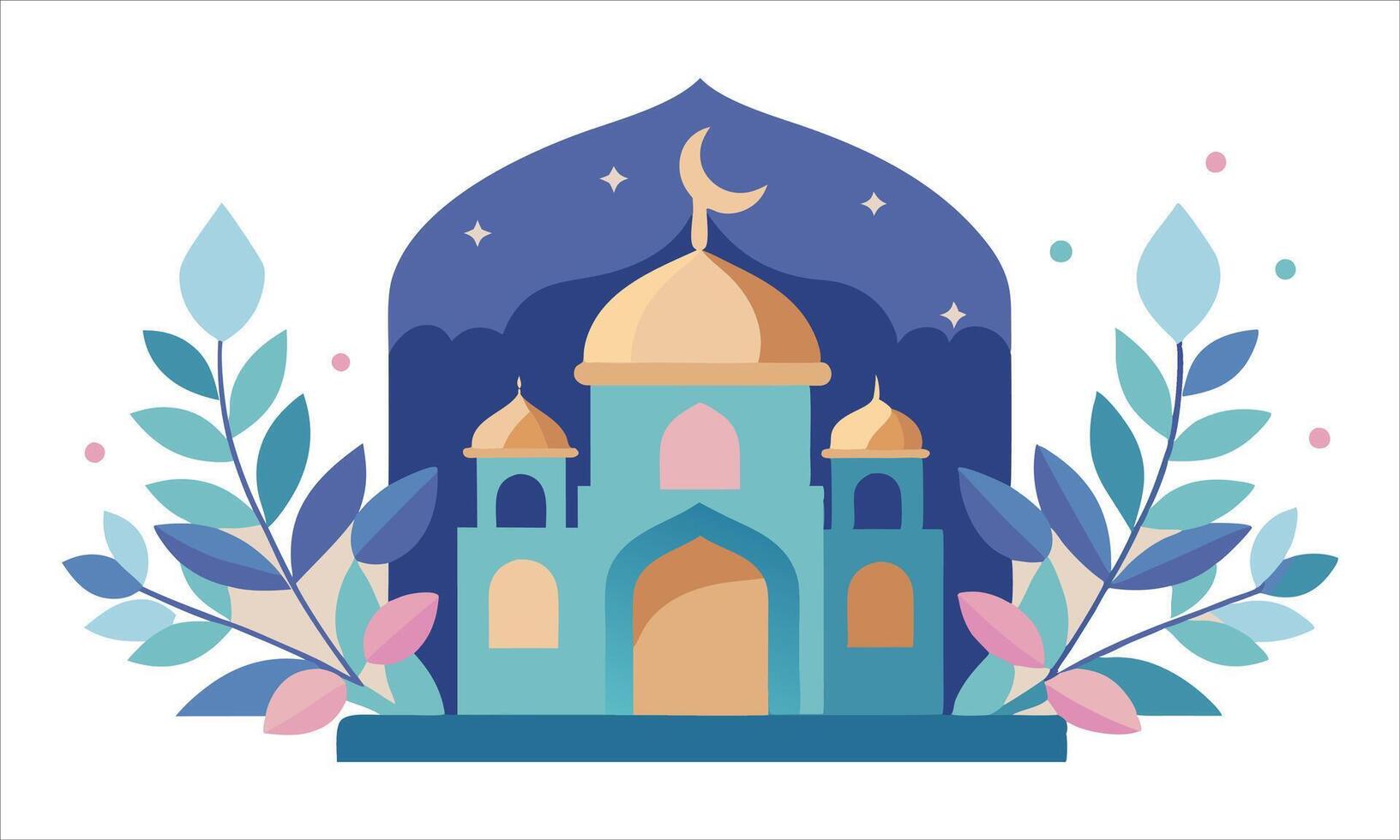 Colorful mosque illustration with plants and stars vector
