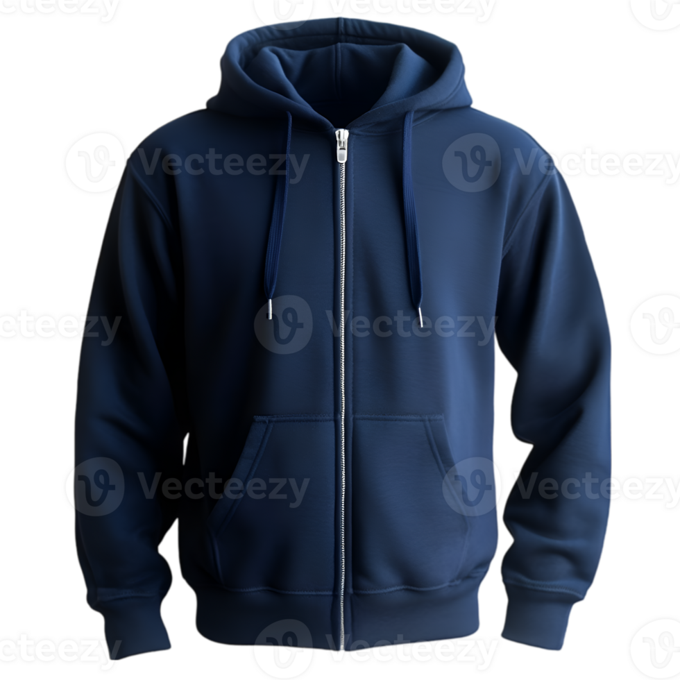 A dark blue hoodie with a zipper on the front png