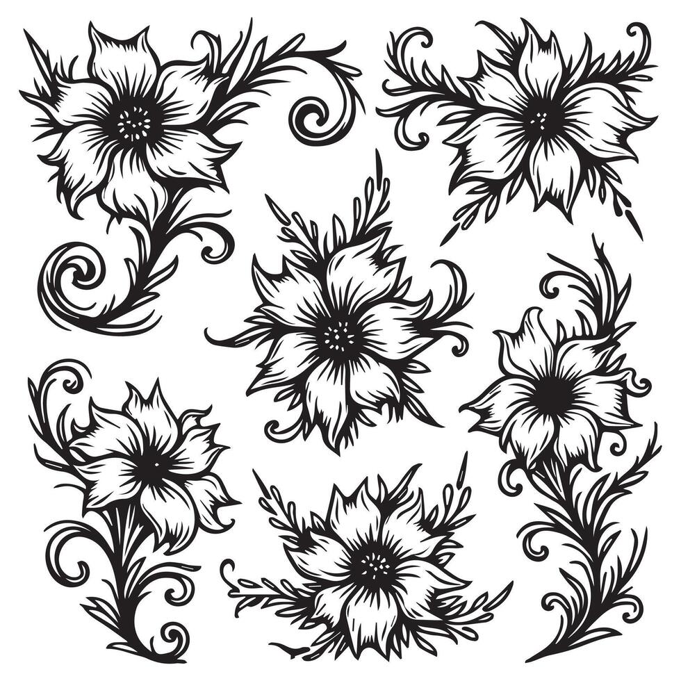 Black and White Floral with Bold Stylized Flowers and Ornamental Vines, flower vector