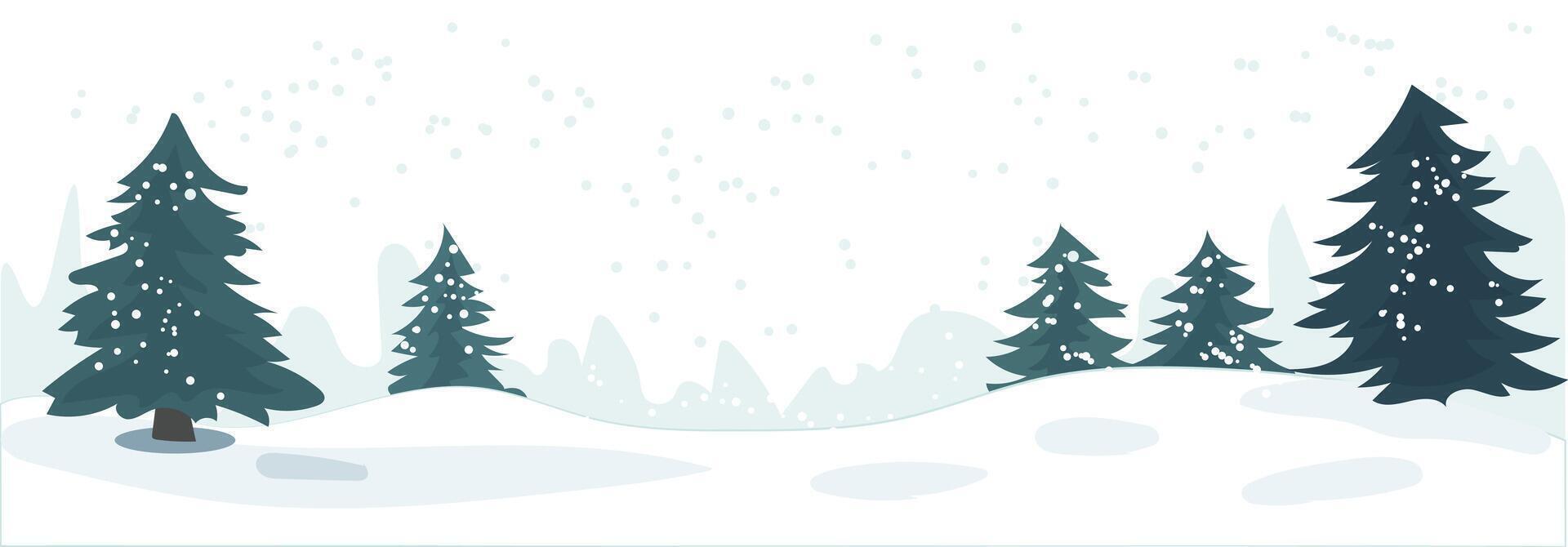 A tranquil winter landscape featuring snow-covered trees and gentle snowfall on a light background. illustration vector