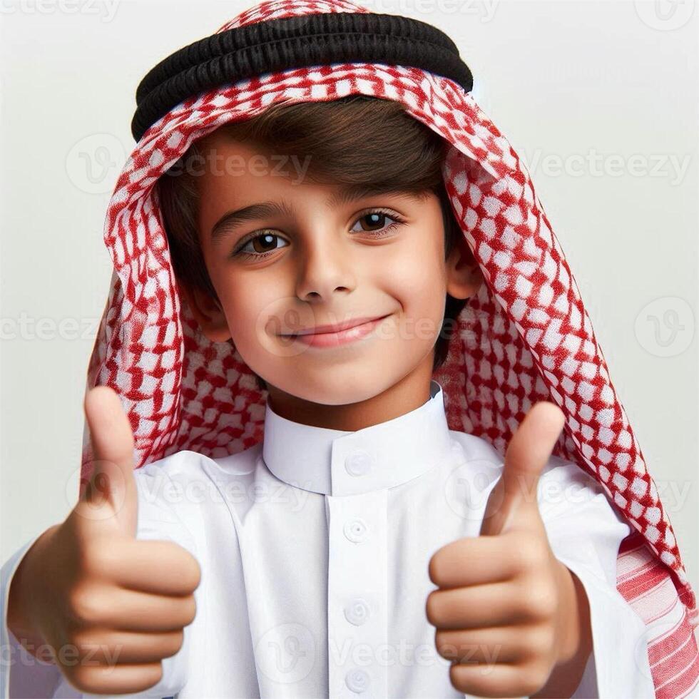 A young boy in arabic clothing giving the thumbs up photo