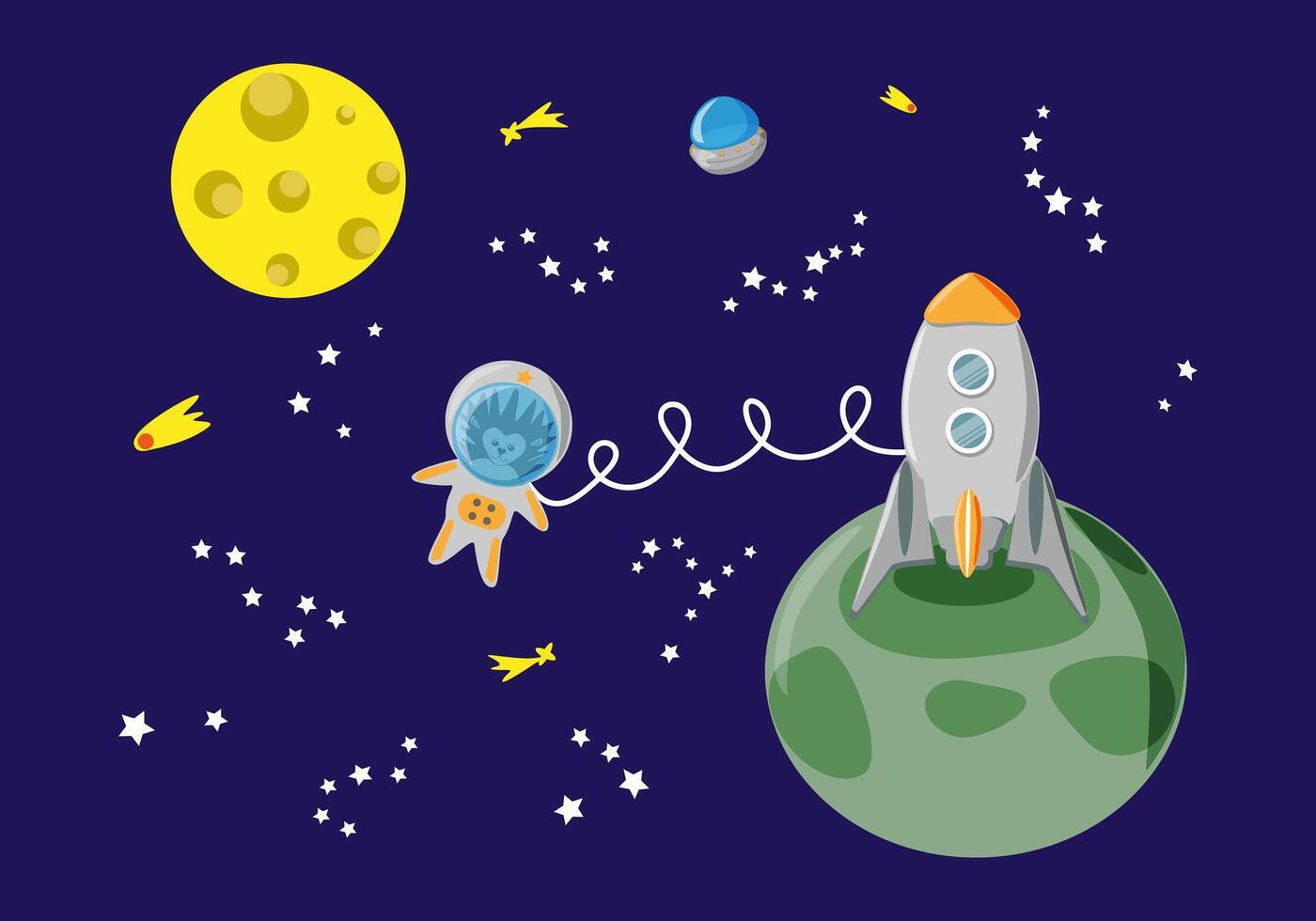 Space landscape with rocket and hedgehog astronaut - horizontal vector