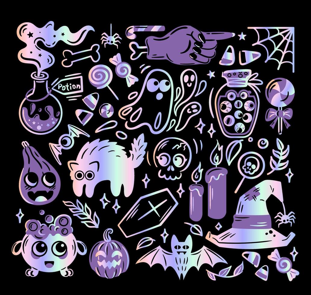 Metallic Y2k holographic Halloween sticker. Shiny gradient, 2000s style foil. Aesthetics of the 90s, 00s. various Set of illustrations in sketch style. Potion, skull, zombie, witch hat, ghosts vector