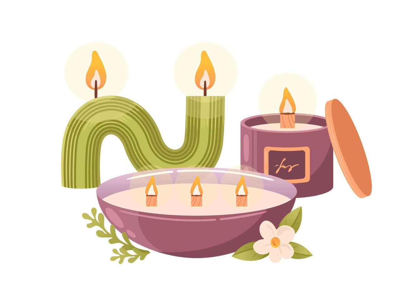 Composition of aromatic burning soy candles. In a glass and bowl with wooden wicks and curved. Aromatherapy, relaxation. Small business, handmade. Hand drawn flat illustration. vector