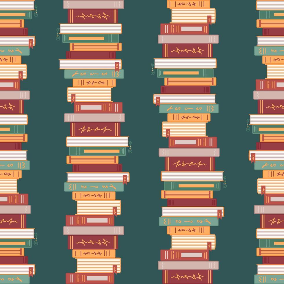 A seamless pattern featuring piles of books, ideal for book enthusiasts. Perfect for wallpaper, fabric printing, packaging, or creating a lovely background for various projects. vector