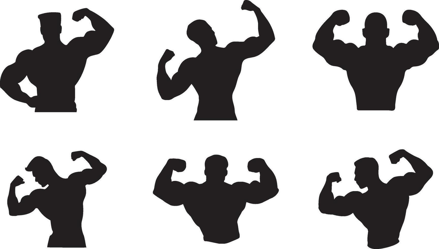 Bodybuilder front side view silhouette icon set. Workout of male standing physical workout vector