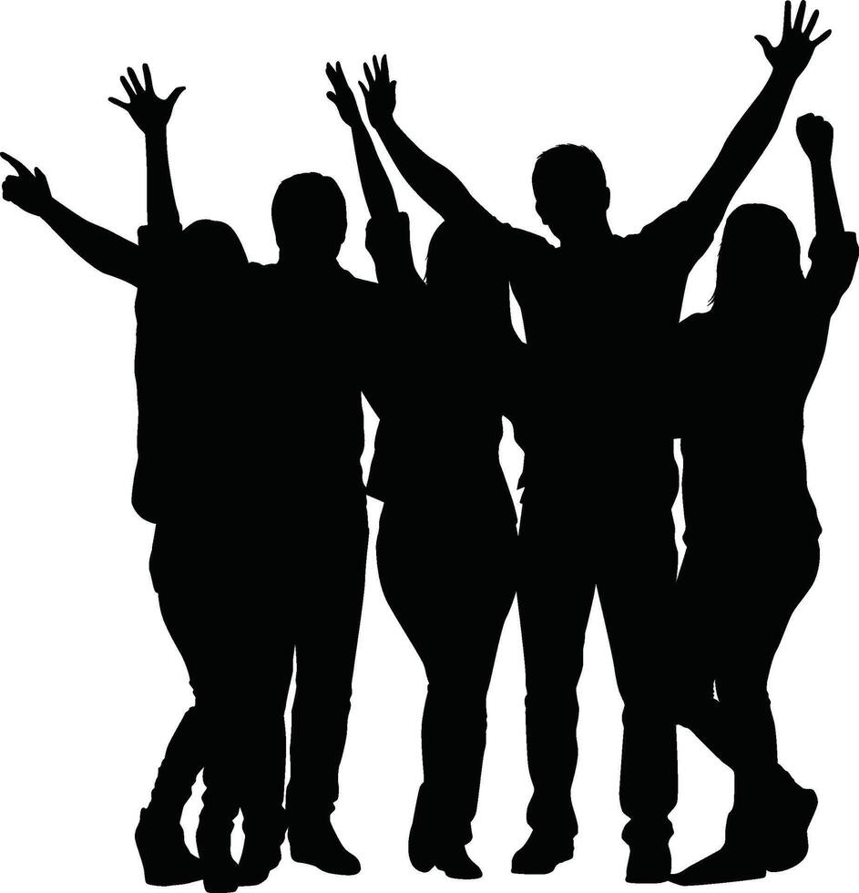 Large group of people celebrating events with arms raised standing against white background vector