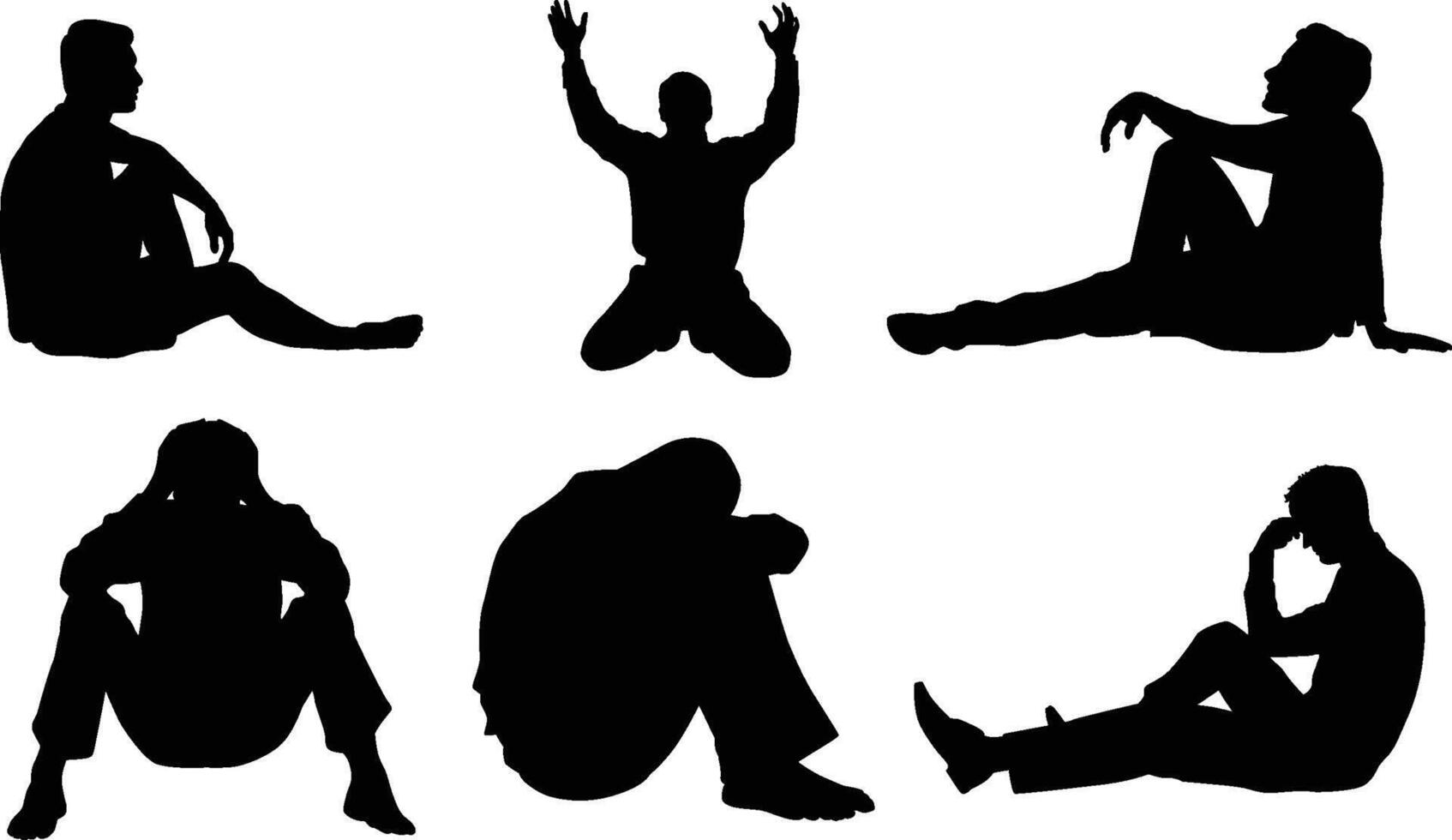 Set of man praying God and man depression with sitting silhouette illustration vector