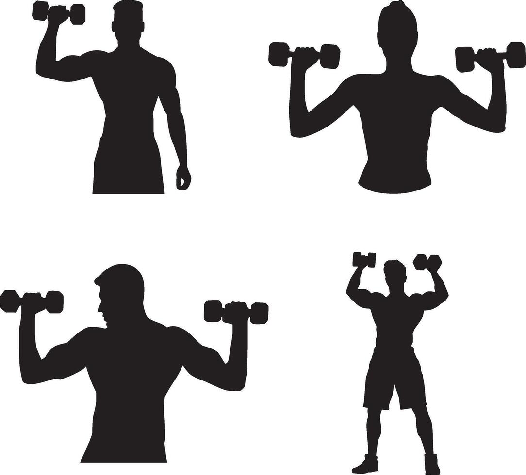 Male bodybuilder silhouette icon set. Man with dumbbell icon illustration vector