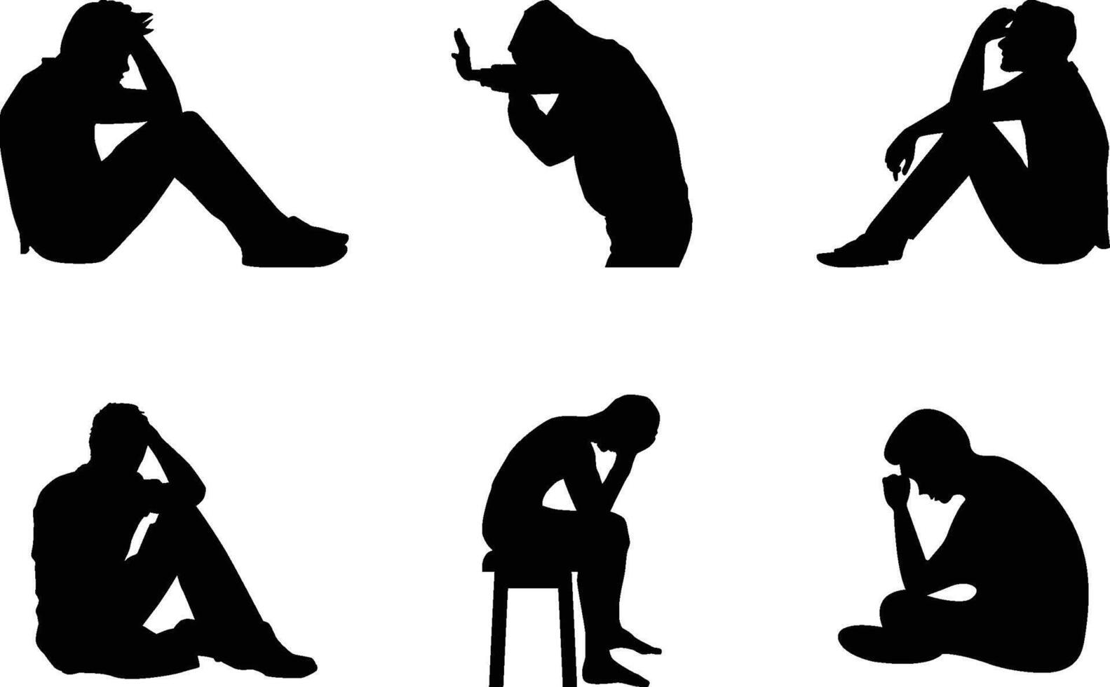 Set of young man depression sitting sad silhouette illustration vector