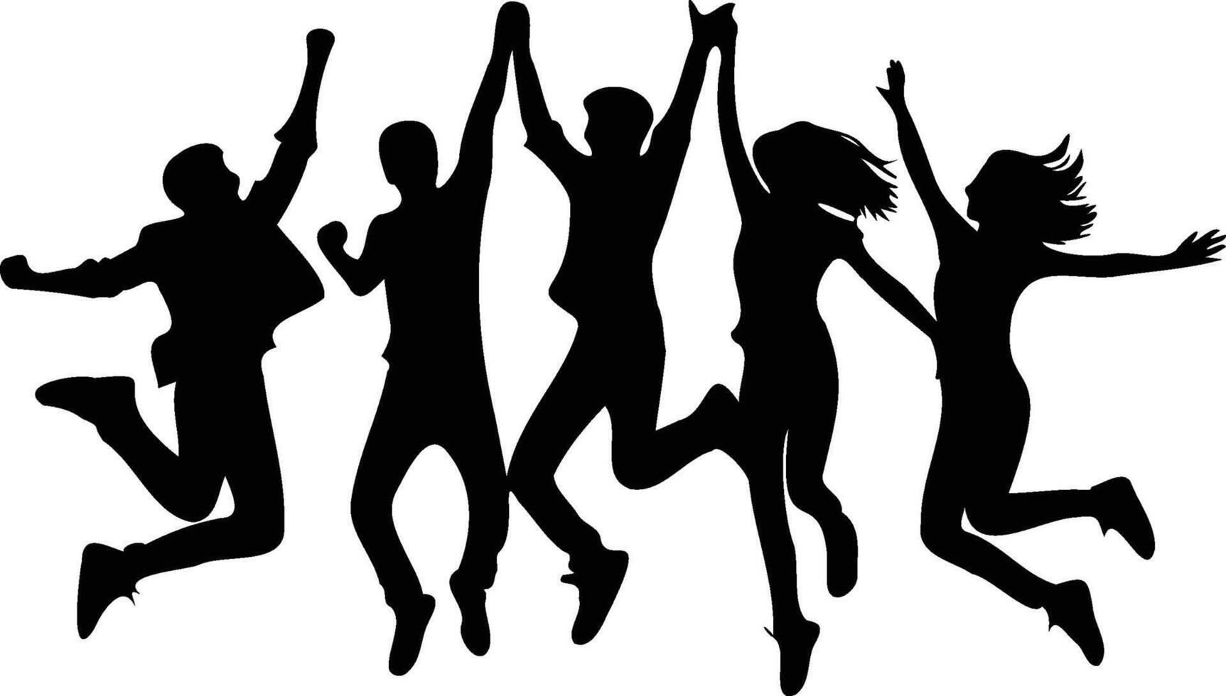 Group of Happy jumping people silhouettes. Black and white people collection. vector