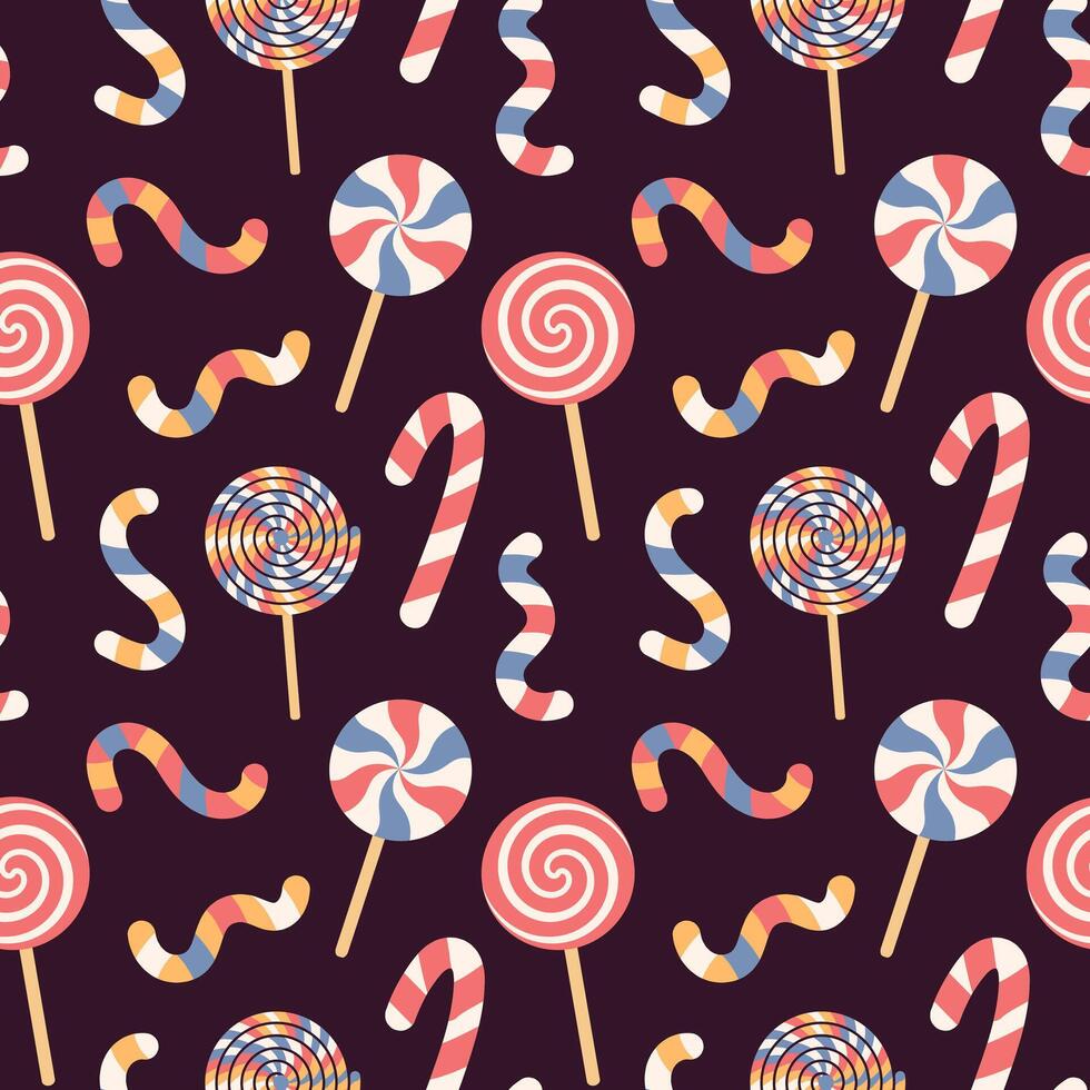 Seamless pattern of candies. Caramel stick, lollipop, candy cane on dark background. Holiday texture vector