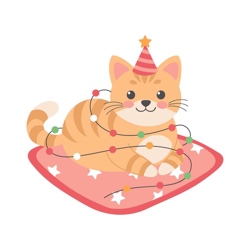 Christmas cat. Cute kitten in a festive hat with lights on a pillow. Flat illustration, postcard vector