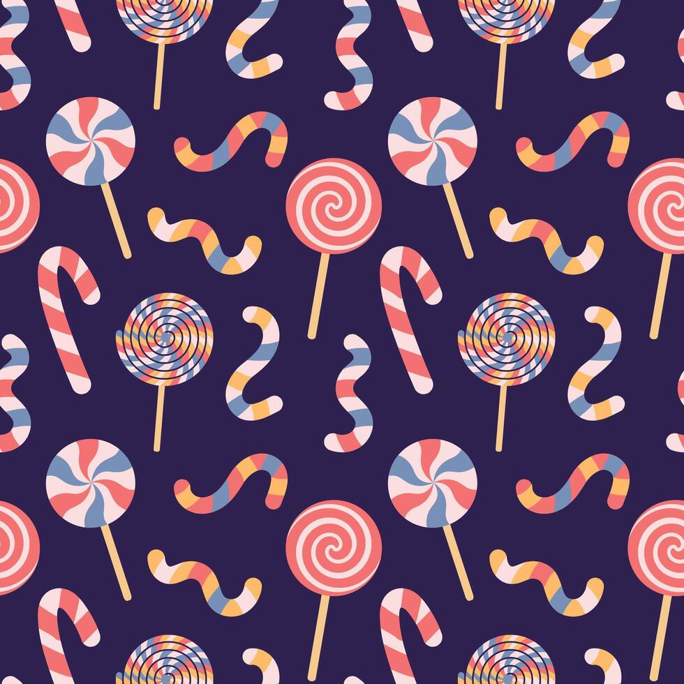 Seamless pattern of candies. Caramel stick, lollipop, candy cane on dark background. vector