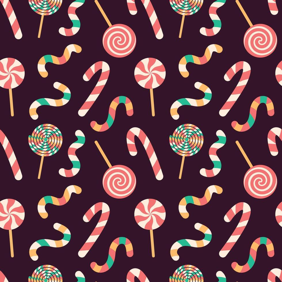 Seamless pattern of candies. Caramel stick, lollipop, candy cane on dark background. Holiday pagking design vector