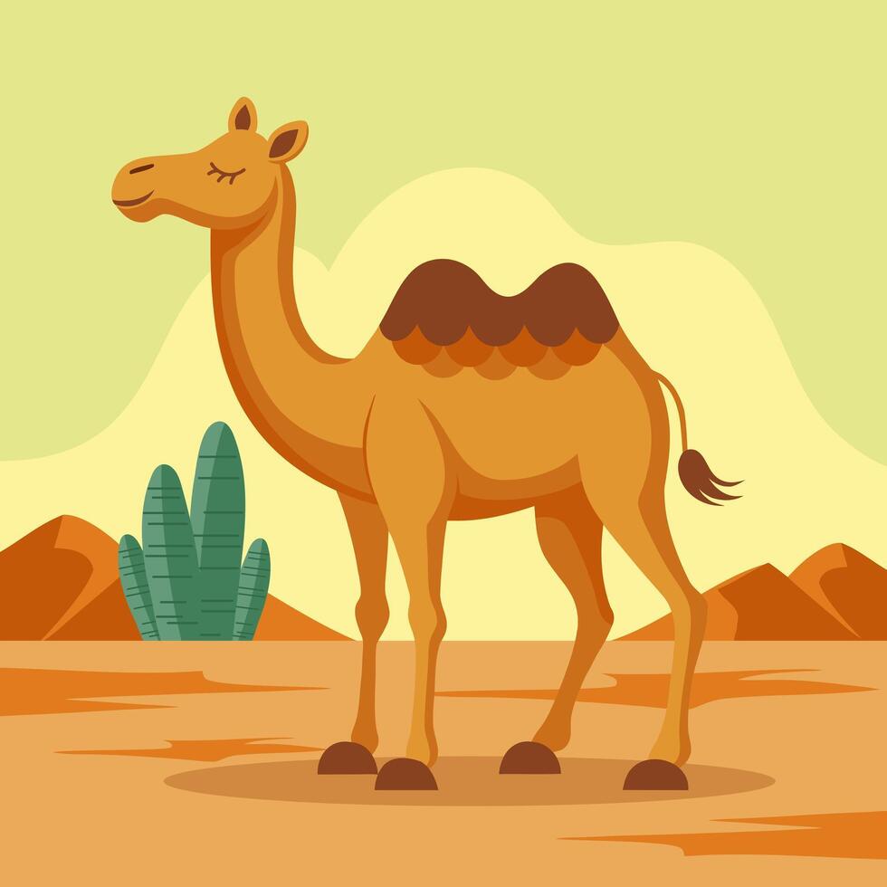 Cute two-humped camel in the desert, illustration in flat style. vector