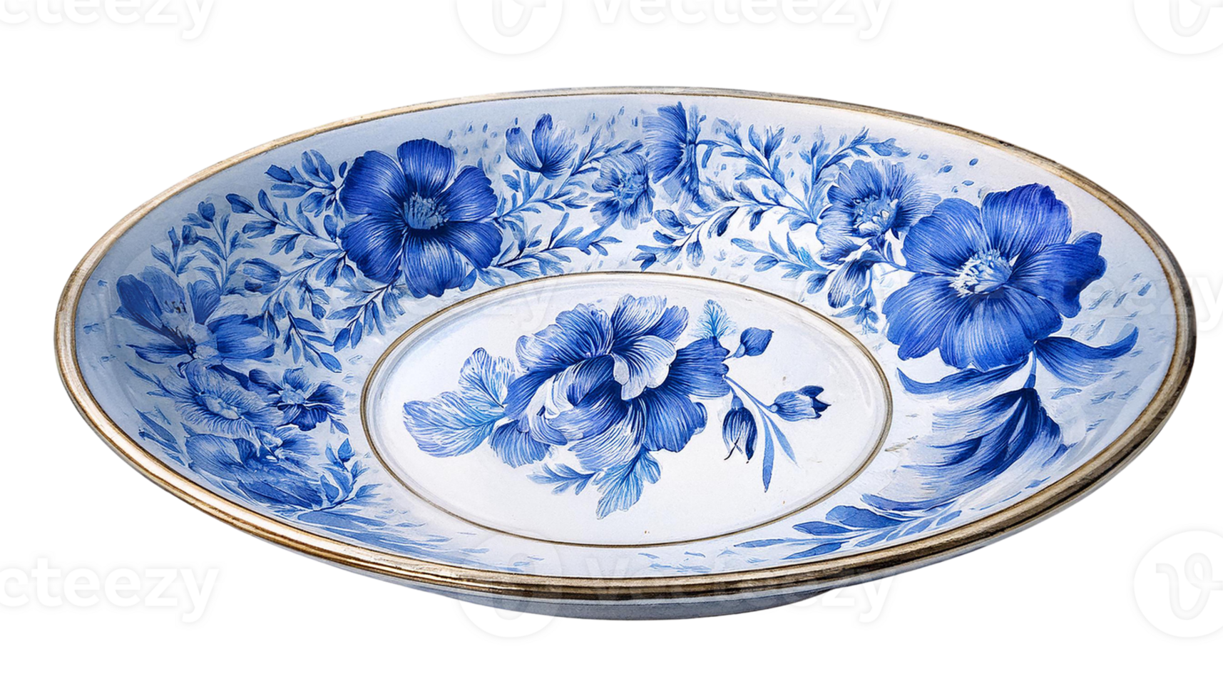 Elegant blue floral plate with intricate design. png