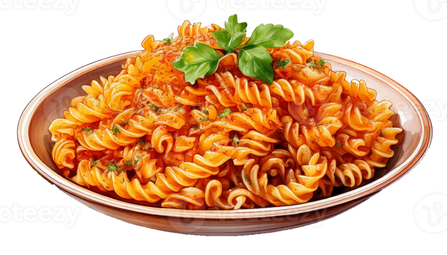 Delicious plate of spiral pasta with tomato sauce and herbs. png