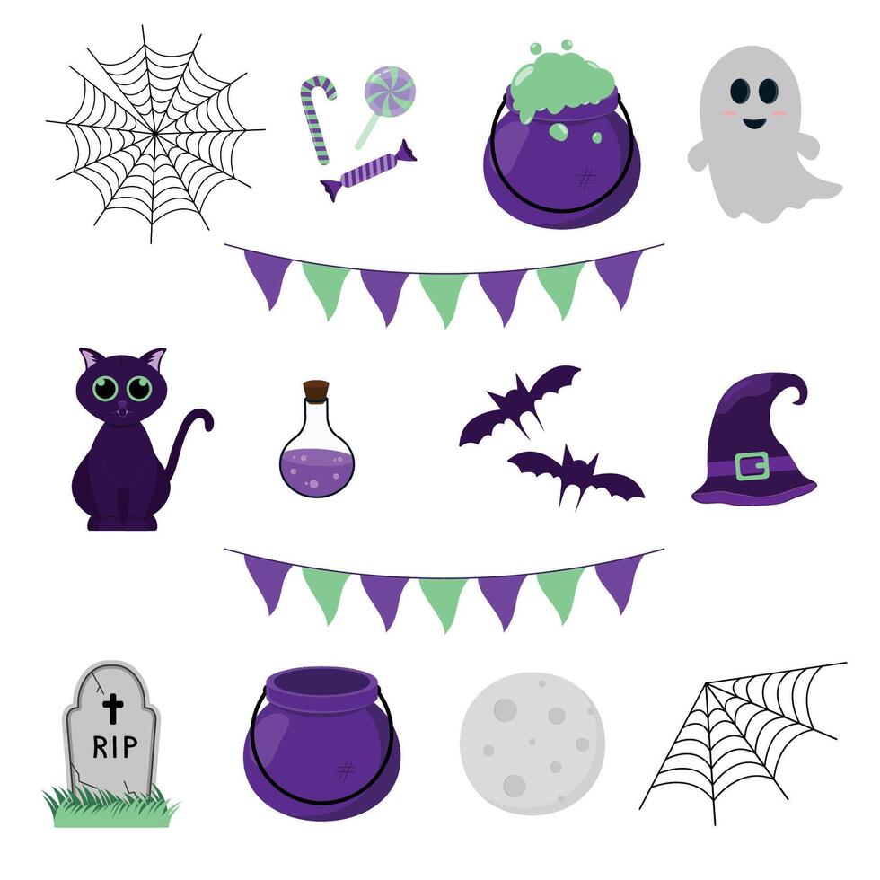 A collection of Halloween elements on a white background. vector