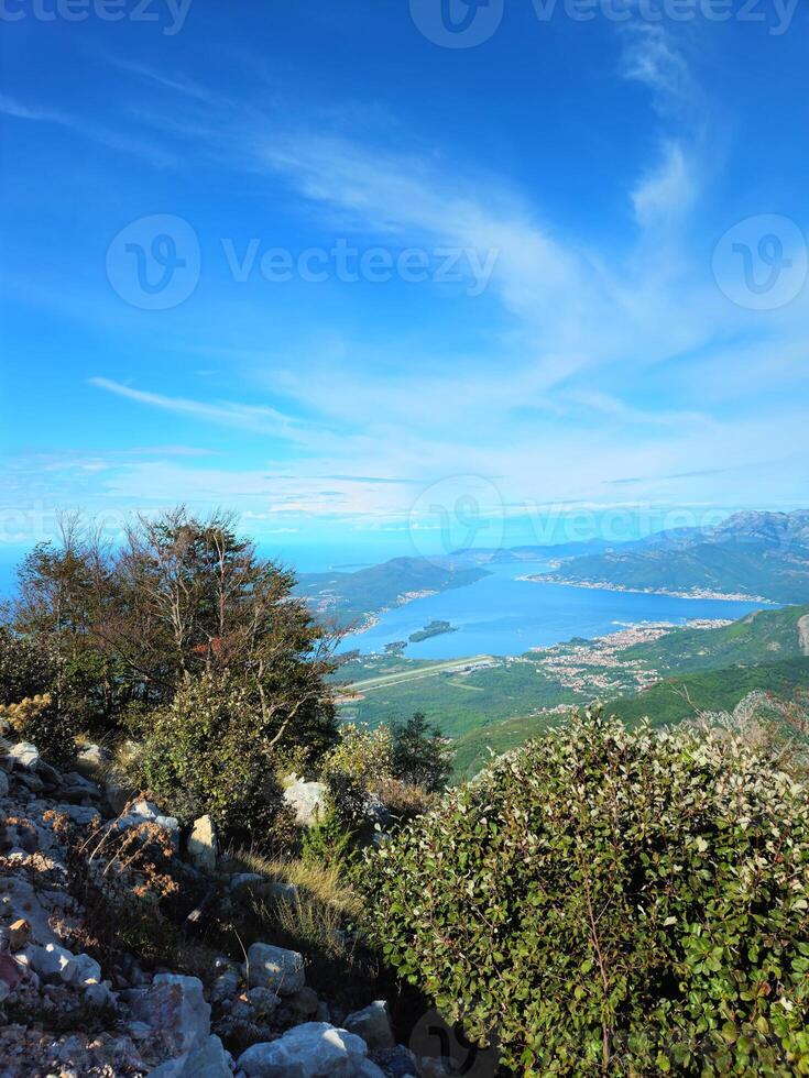 Vertical view of the Bay of Kotor and surrounding mountains in Montenegro, with a clear blue sky and copy space. Perfect for travel advertising, nature brochures, or social media backgrounds. photo